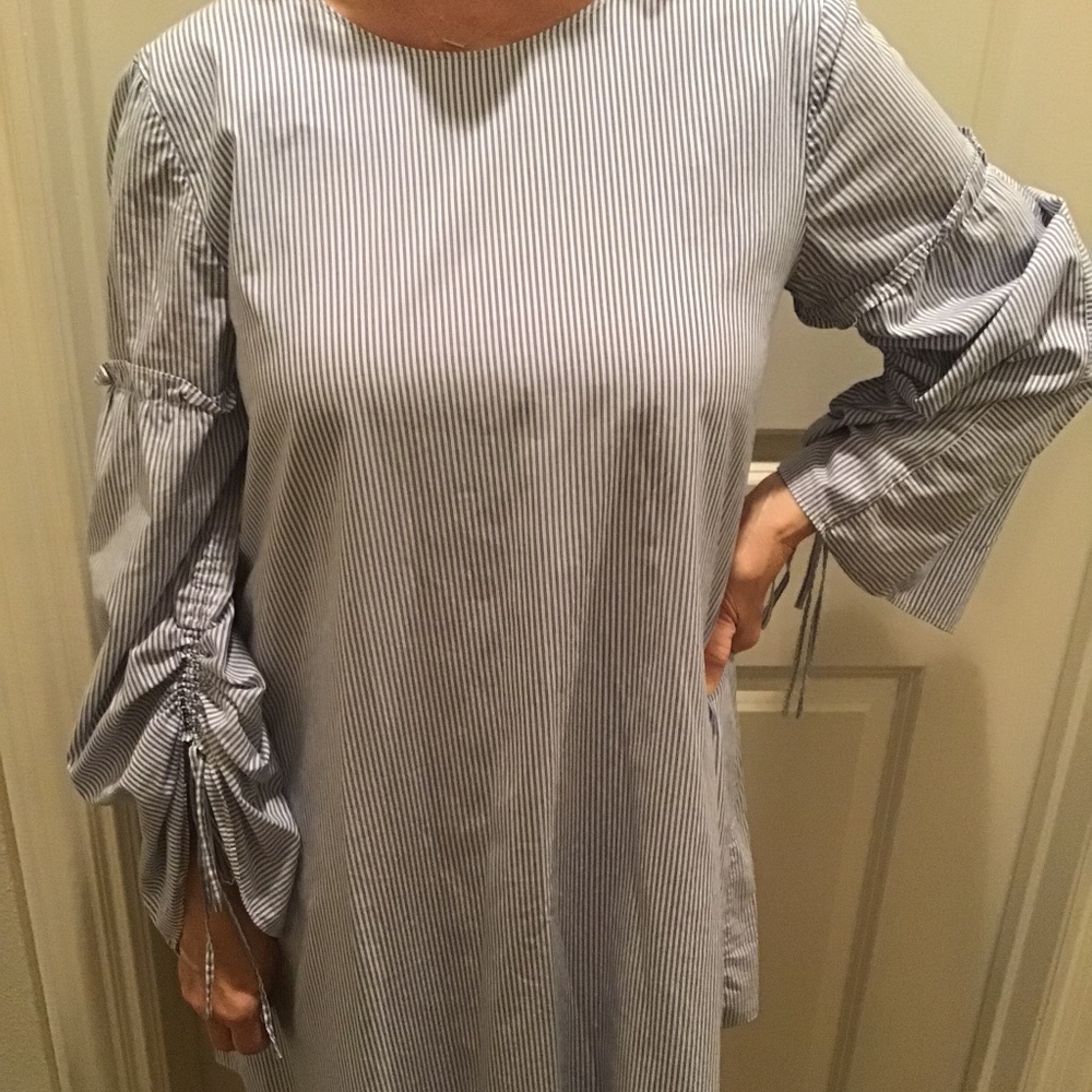 Tibi Blue White Striped Cotton Bell Sleeves Trapeze Dress